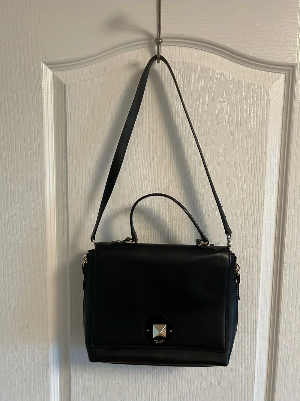 kate spade Black Leather Structured Satchel with Top Handle and Shoulder Strap